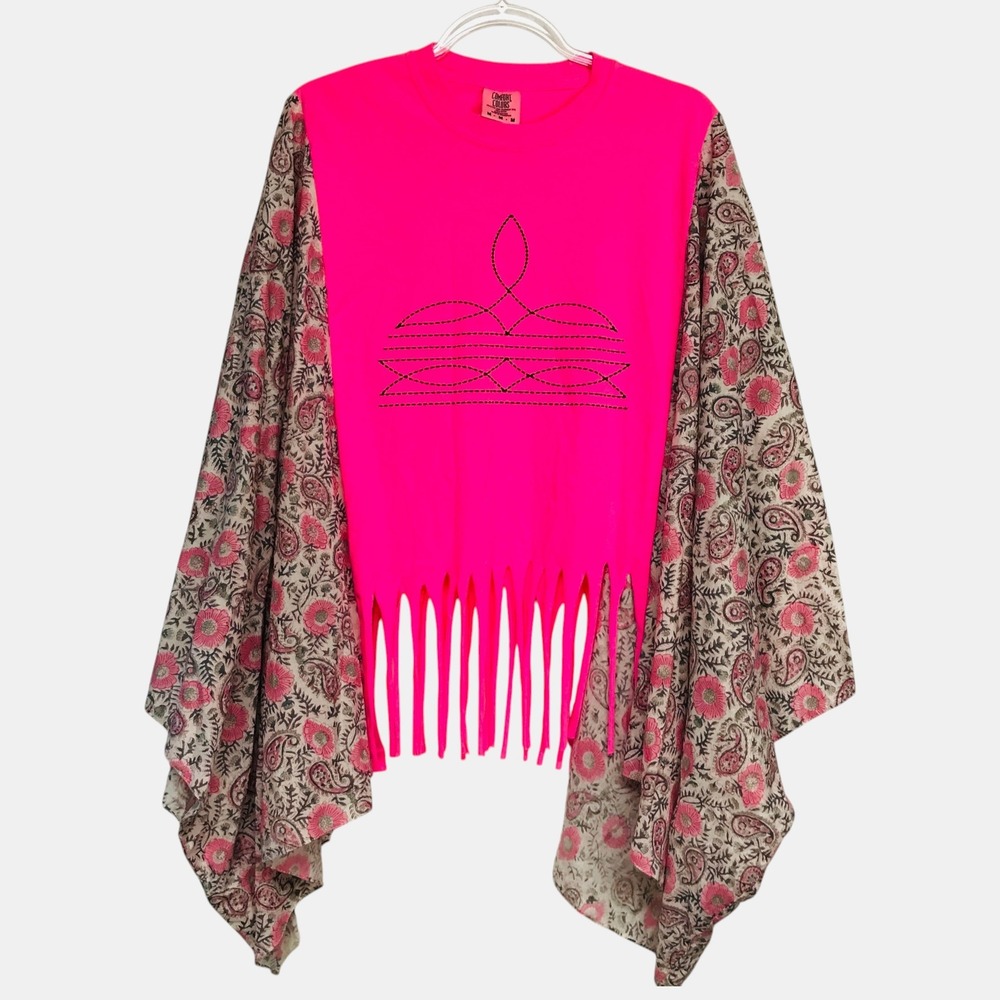 Cavenders Womens M Bootstitch Neon Pink Boho Fringe TShirt Paisley Kimono Sleeve